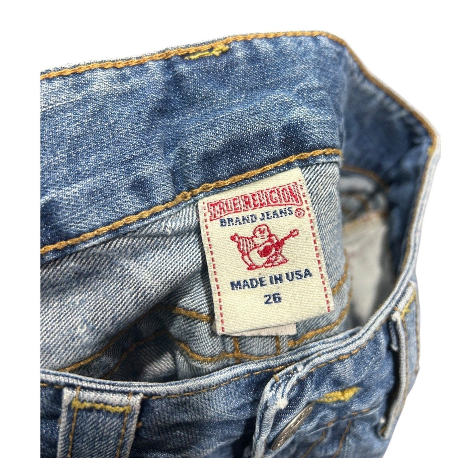 True Religion Jess Low Rise Denim Shorts Medium Wash Blue Size 26 Made in USA