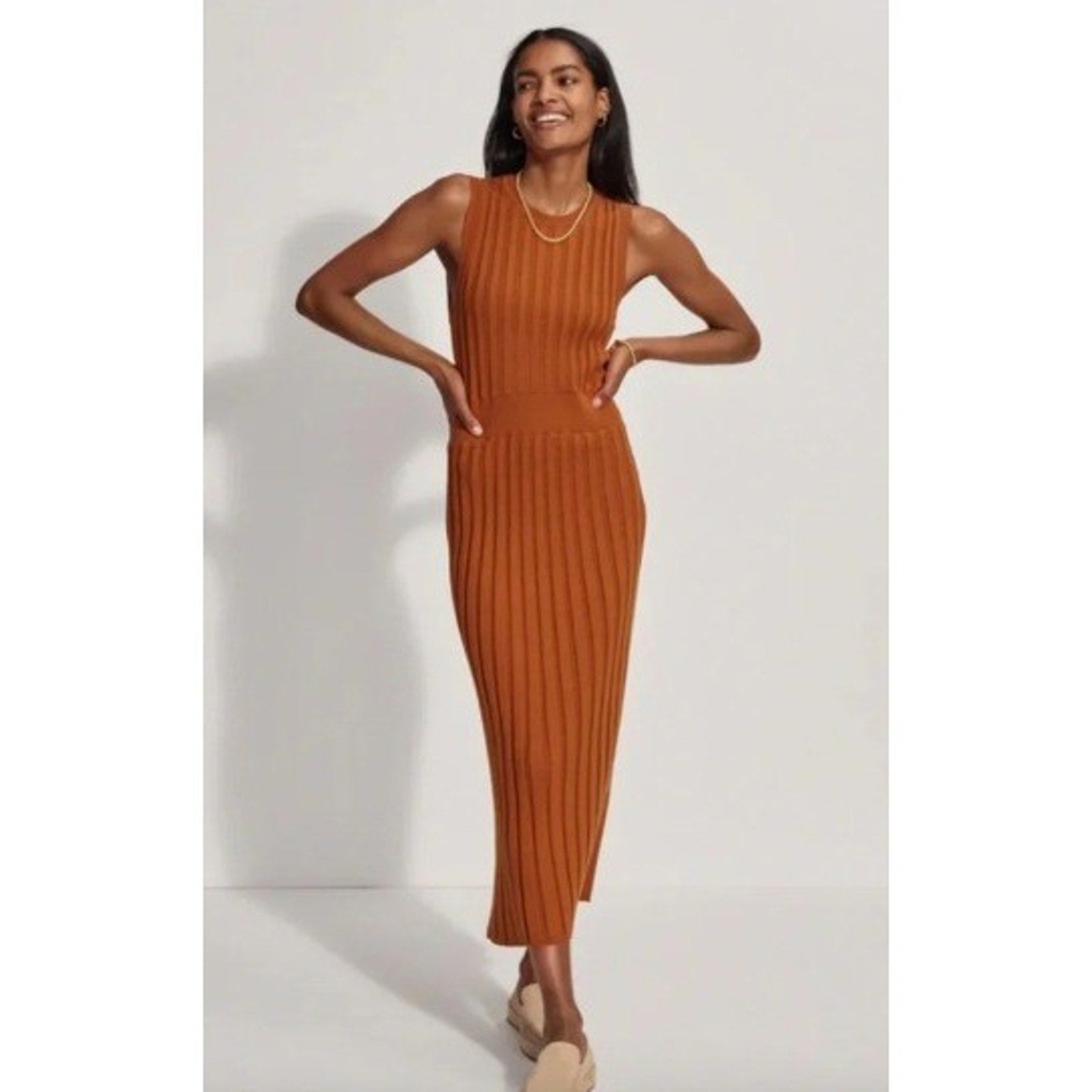 Varley Florian Knit Dress Brown Cotton Pointelle Ribbed Midi Sleeveless Small