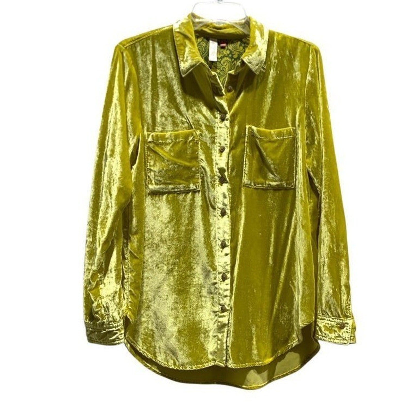 Pilcro and the Letterpress Chartreuse Green Velvet Button Down Shirt Womens 6