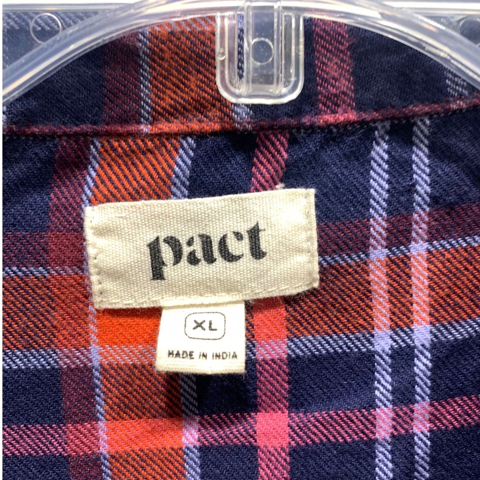Pact Organic Cotton Flannel Plaid Pajama Top Navy Orange Pink XL Short Sleeve
