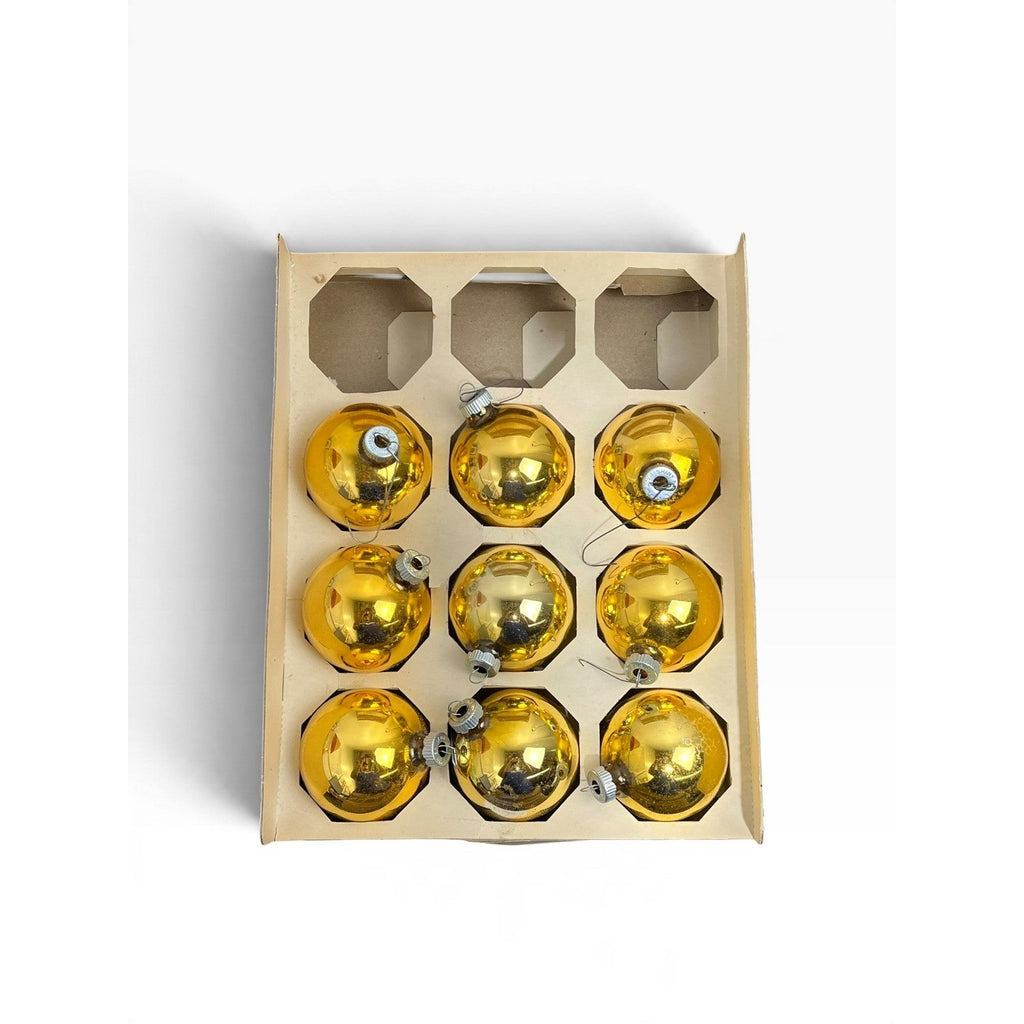 Vintage Shiny Brite Gold Glass Christmas Ornaments Set of 9 USA Made 3in Patina