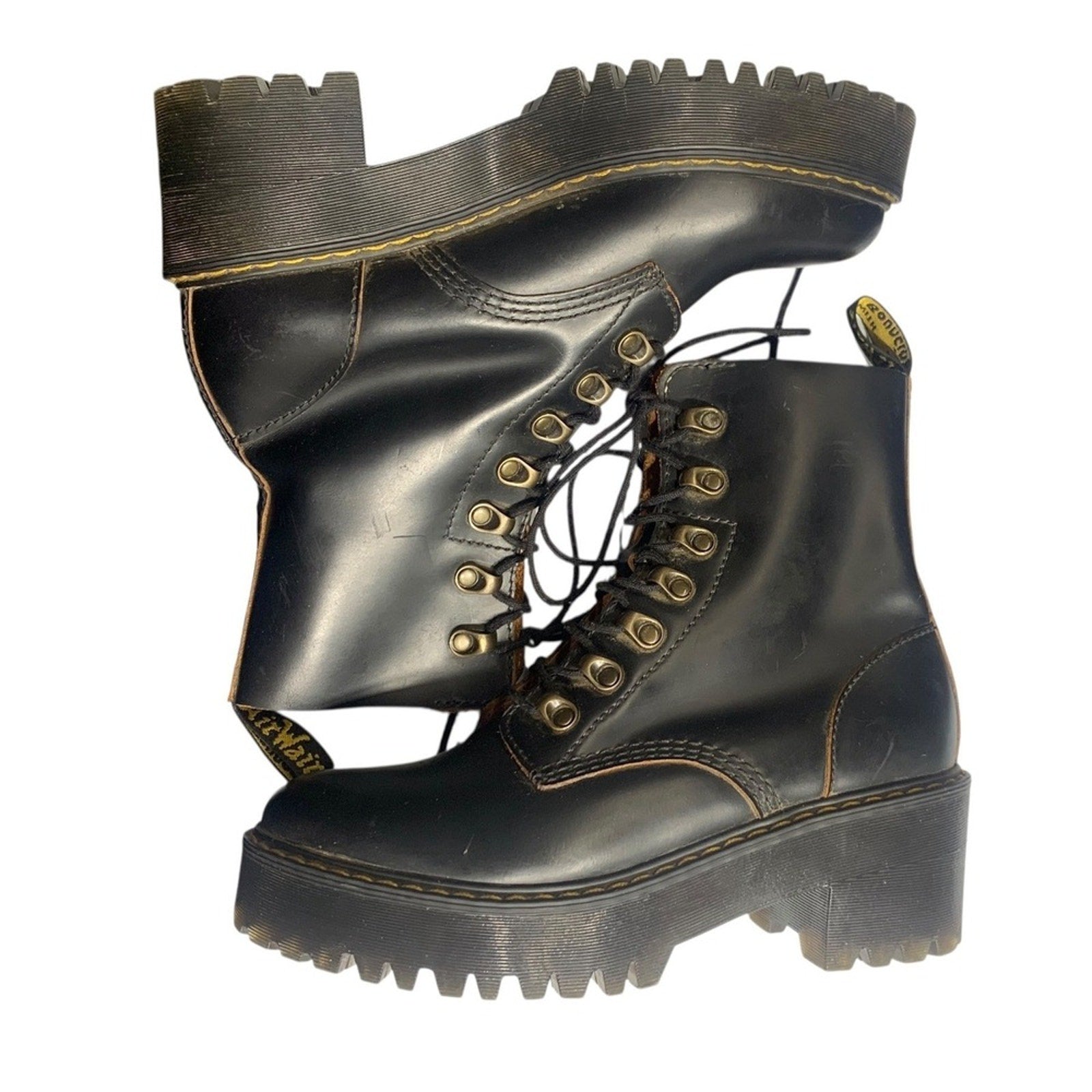 Dr Martens Leona Black Leather Platform Combat Boots Womens Size 7