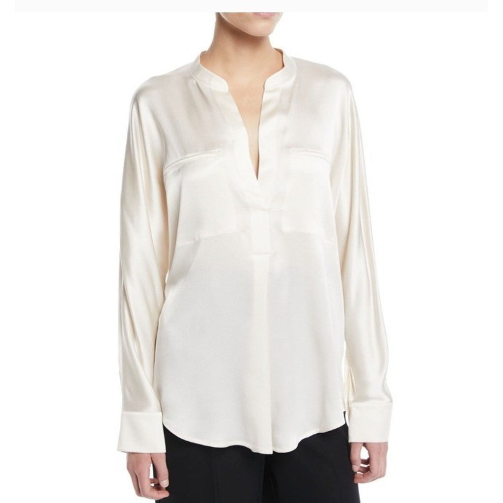 VINCE long sleeve V-Neck Silk Banded Collar Blouse Women Ivory Professional sz s