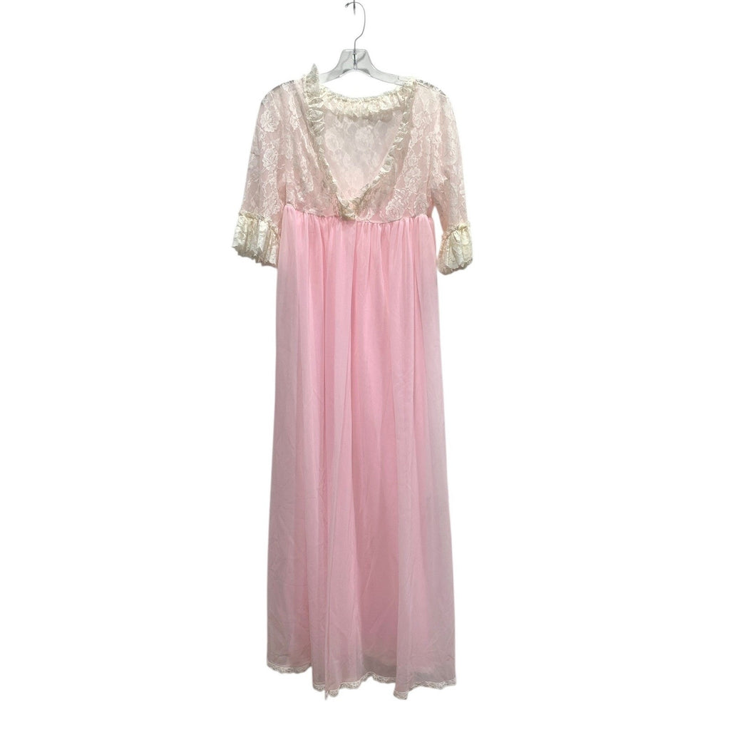 Vintage Pink Lace Maxi Nightgown Sheer Empire Waist Ruffle Sleeve Peignoir Dress
