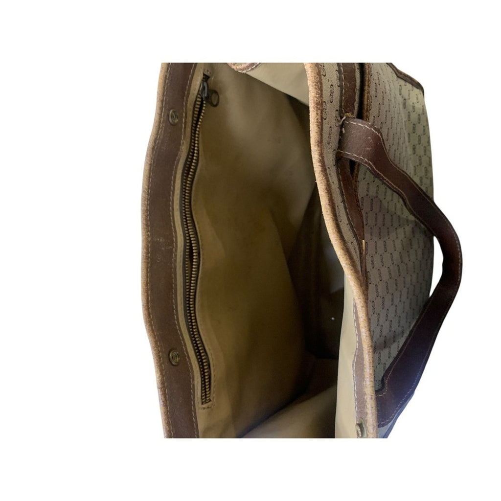 Vintage Gucci GG Monogram Tote Bag Handbag Purse Brown Leather Trim