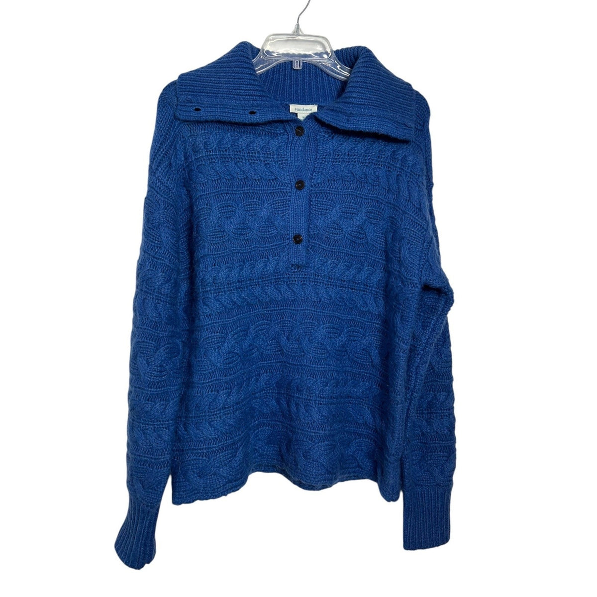 Sundance Womens Blue Wool Blend Half Button Cable Knit Pullover Sweater Size M