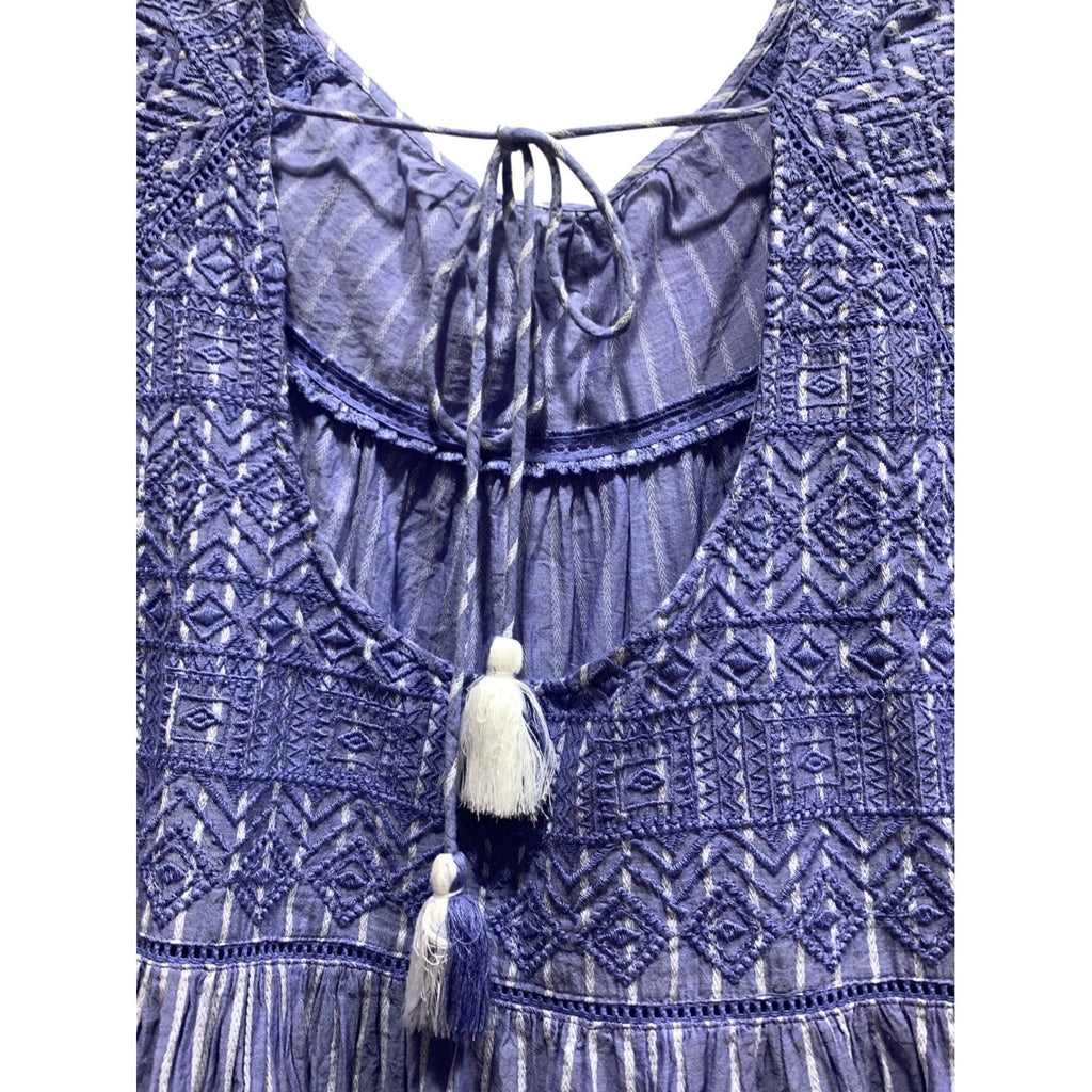 Free People LOLA Blue Striped Embroidered Tassel Tiered Babydoll Mini Dress M