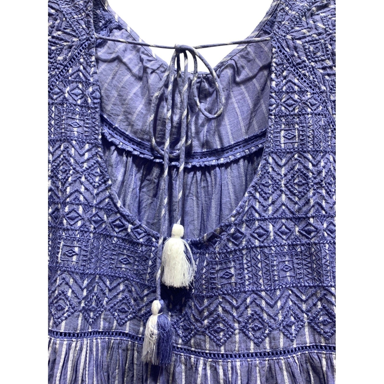 Free People LOLA Blue Striped Embroidered Tassel Tiered Babydoll Mini Dress M