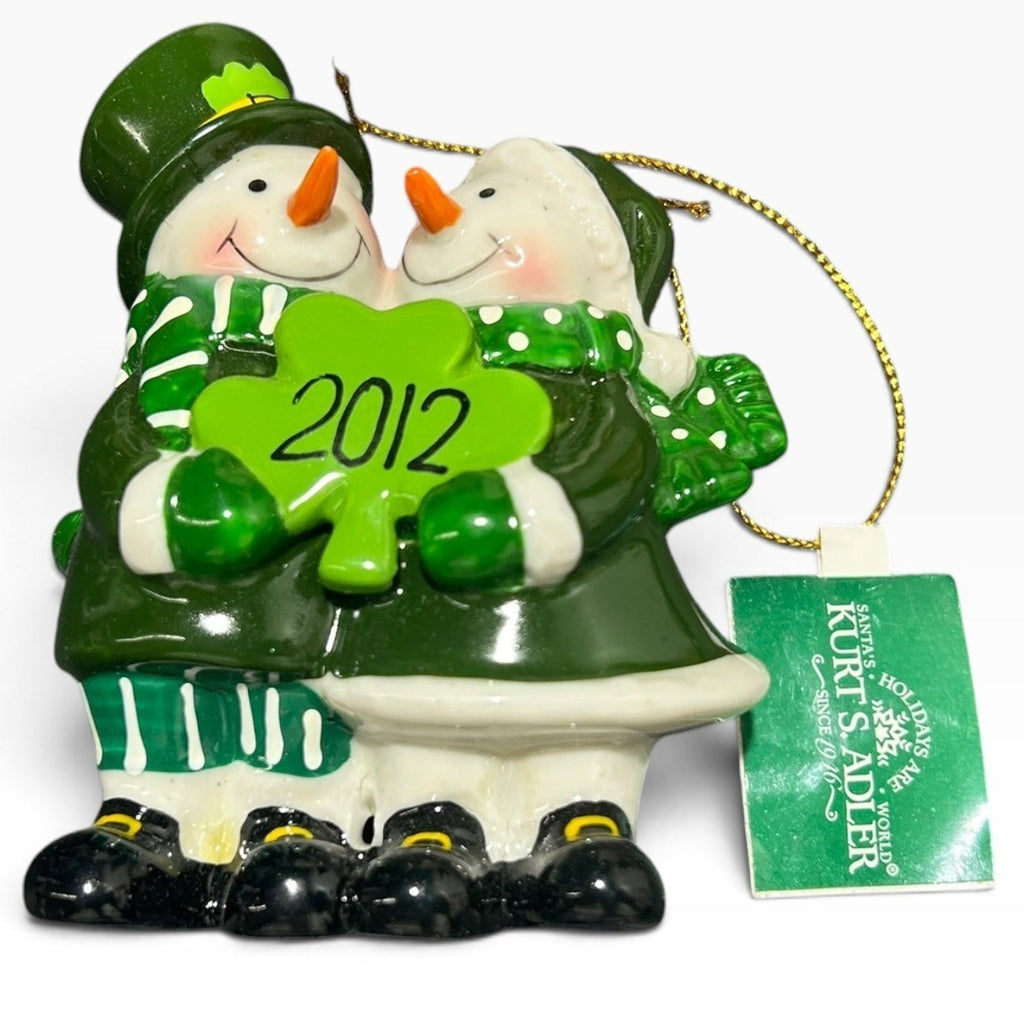 Kurt Adler 2012 Snowman Couple Shamrock Irish Christmas Ornament Green White