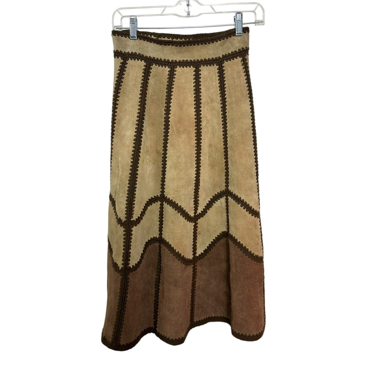 Young East Vintage 70s Patchwork Suede Leather Crochet Trim Midi Skirt Brown 7/8