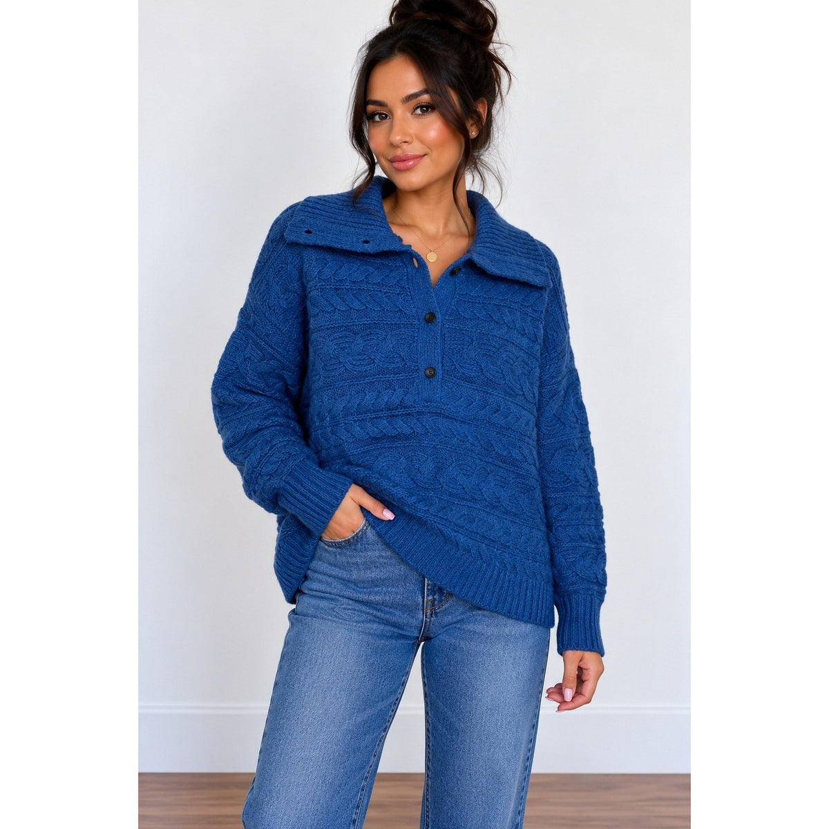 Sundance Womens Blue Wool Blend Half Button Cable Knit Pullover Sweater Size M