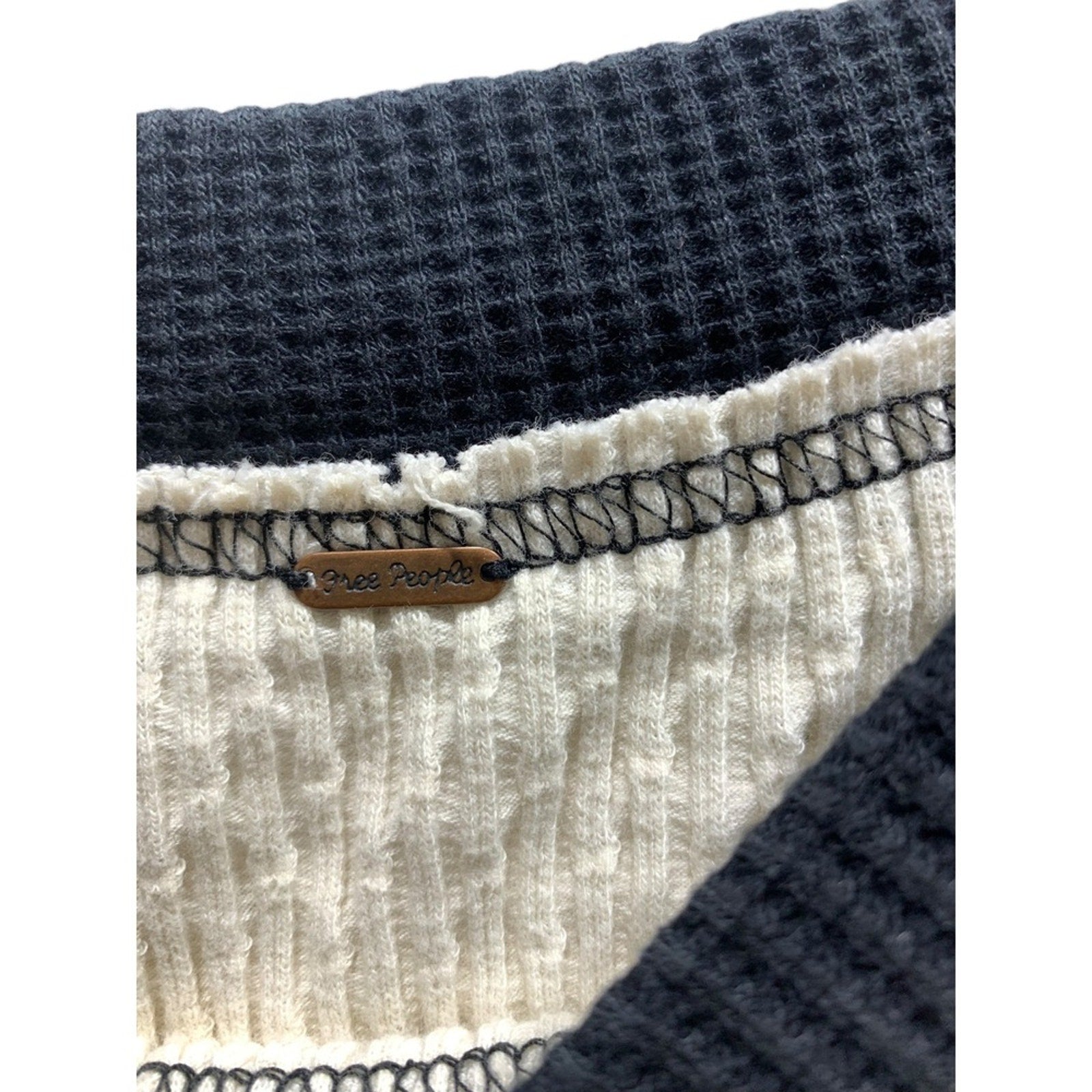 Free People Patchwork Waffle Knit Off Shoulder Long Sleeve Sweater Top Women