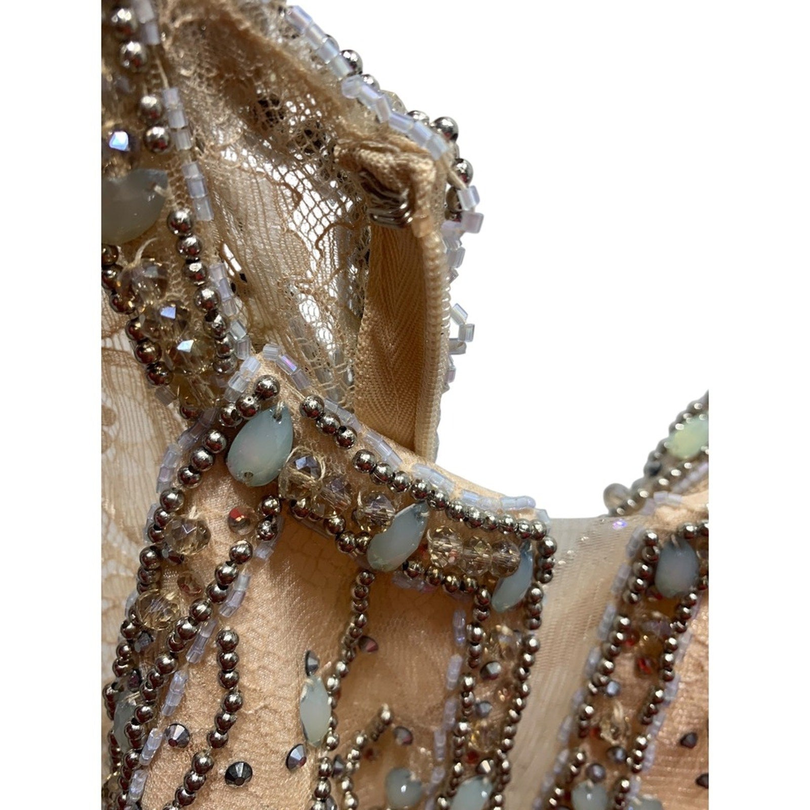 Glamour High Neck Crystal Beaded Halter Gown Tulle Skirt Prom Pageant Blue Sz 8