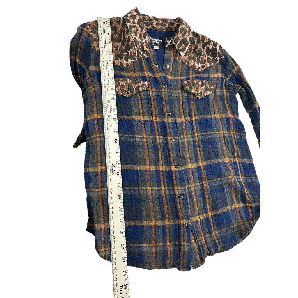 Johnny Was Workshop Navy Plaid Leopard Print Western Button Up Shirt XS layering