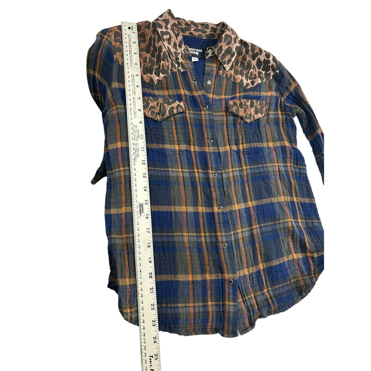 Johnny Was Workshop Navy Plaid Leopard Print Western Button Up Shirt XS layering