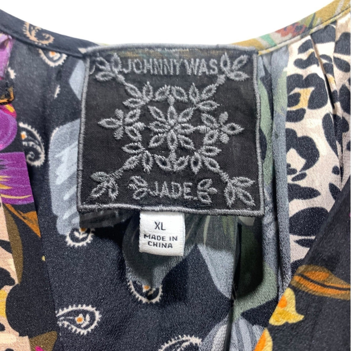 Johnny Was Zane Silk Easy Blouse Blend Patchwork Floral Leopard XL Black Multi