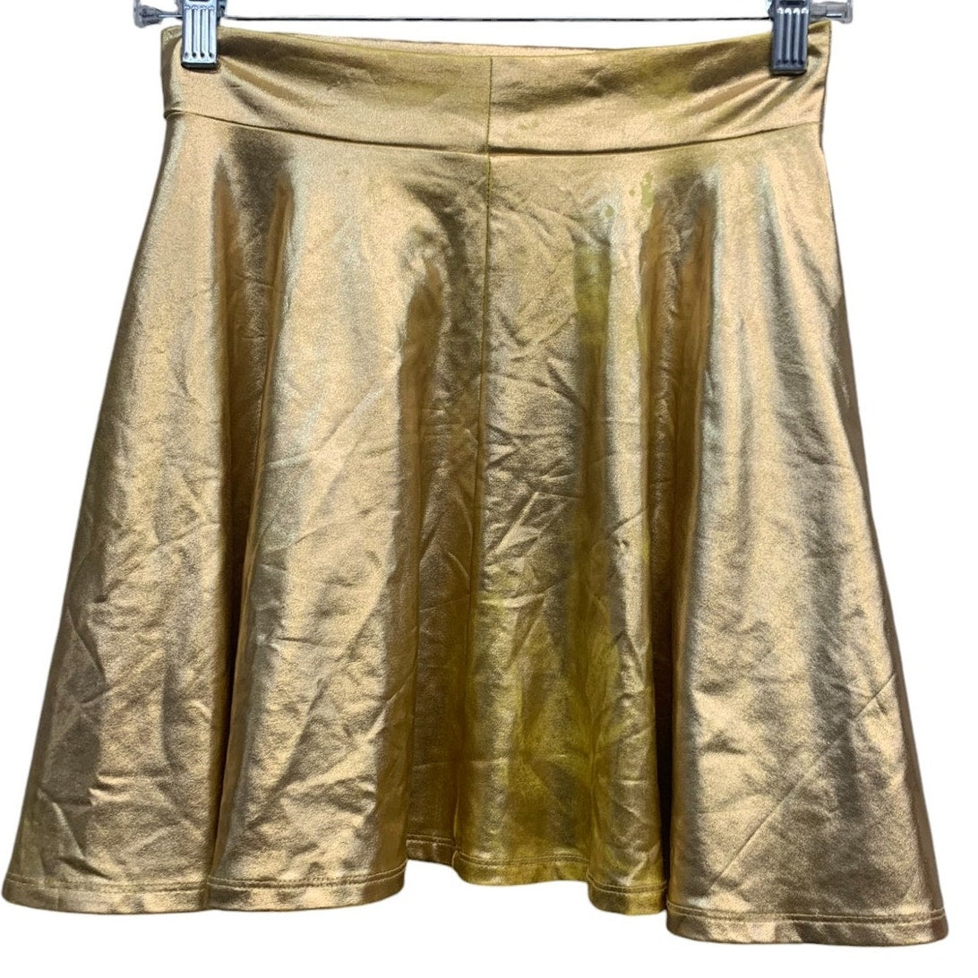 Shiny Metallic wet look flared mini Skater skirt Gold SZ XS