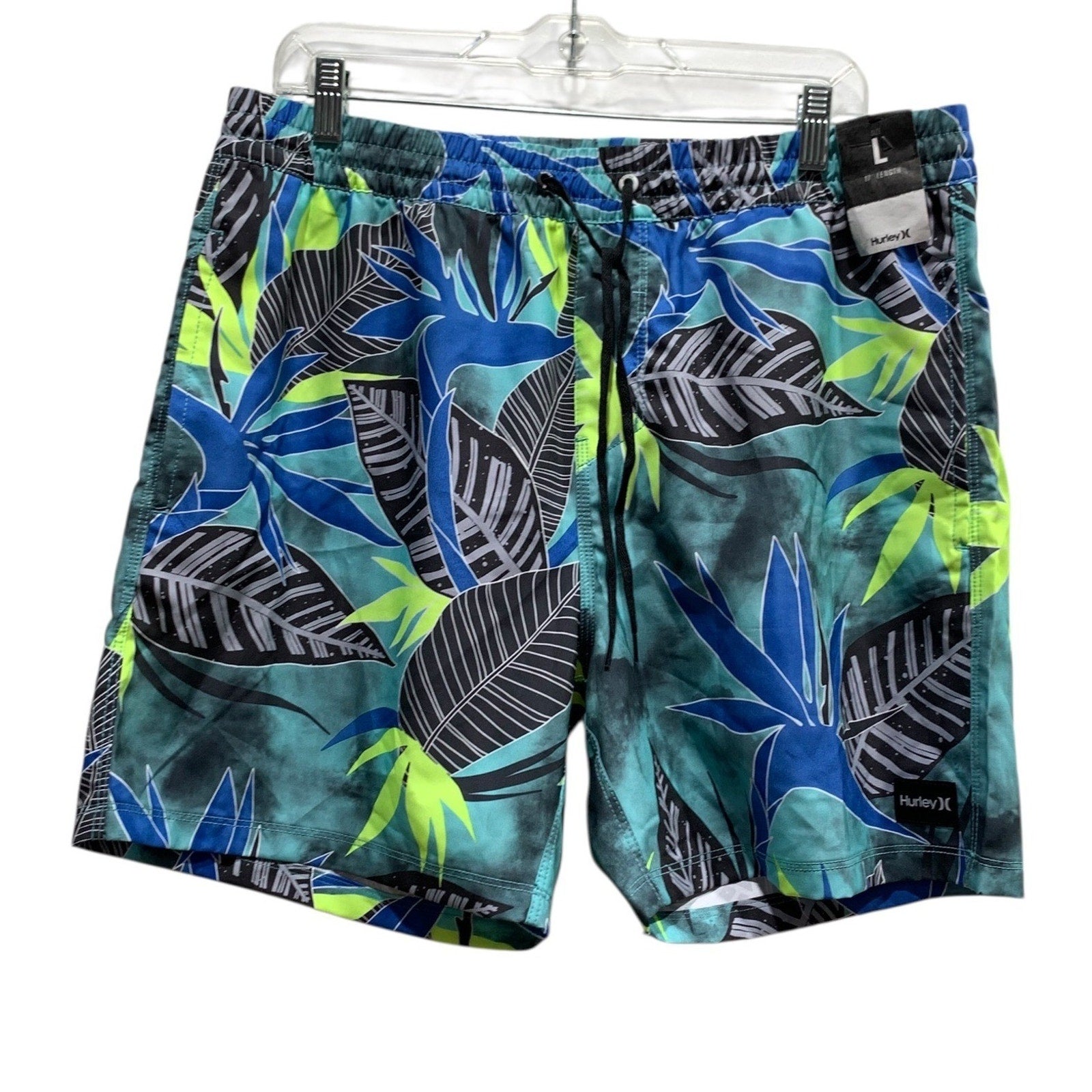 Hurley Mens Tropical Leaf Print Swim Trunks Teal Blue Lime Green Size Large 17"