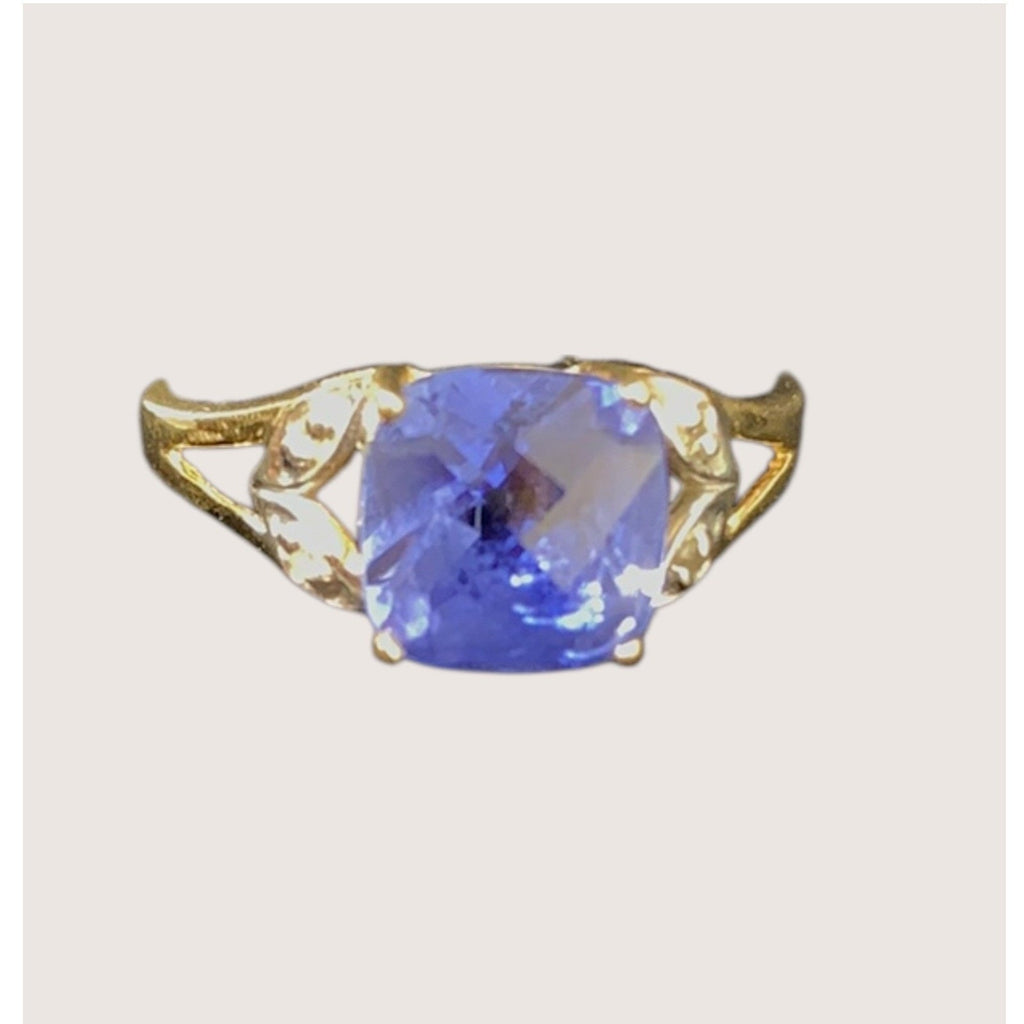 Vintage 10K Yellow Gold Blue Cushion Checkerboard Stone Ring Size 7 US 2.1g