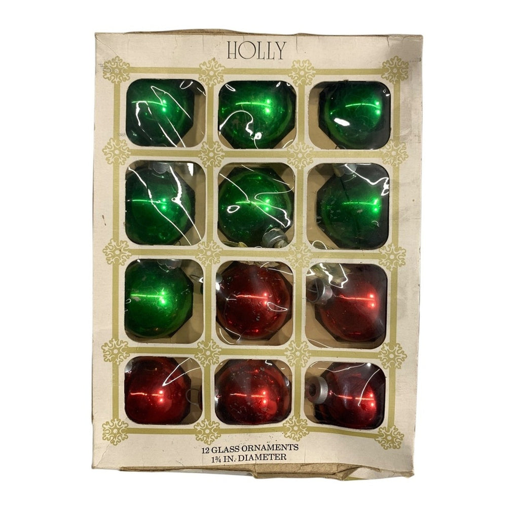 Holly Glass Ornaments Red-5 Green-7 Round 12 Piece Set 1 1/4 Inch Diameter