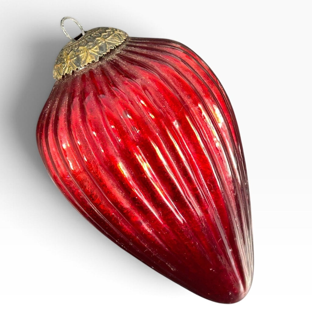 Vintage Ruby Red Mercury Glass Ribbed Teardrop Christmas Ornament Brass Cap