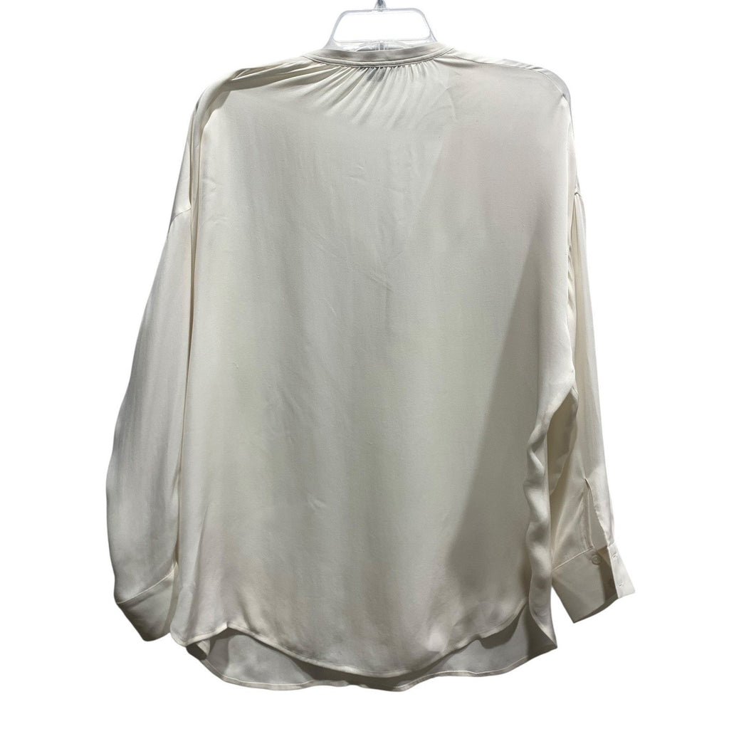 VINCE long sleeve V-Neck Silk Banded Collar Blouse Women Ivory Professional sz s