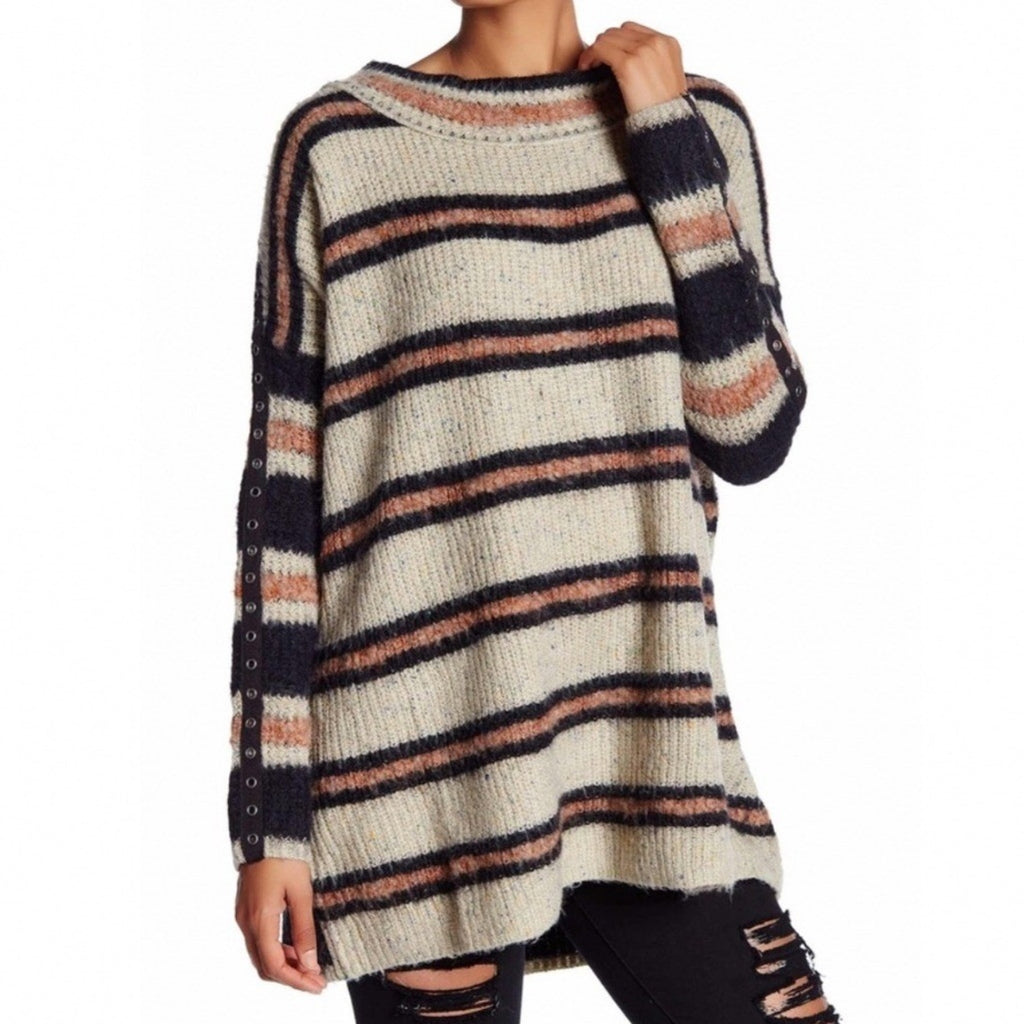 Free People Sid Stripe Tunic Sweater Cream Black Rust Grommet Sleeve Large boho
