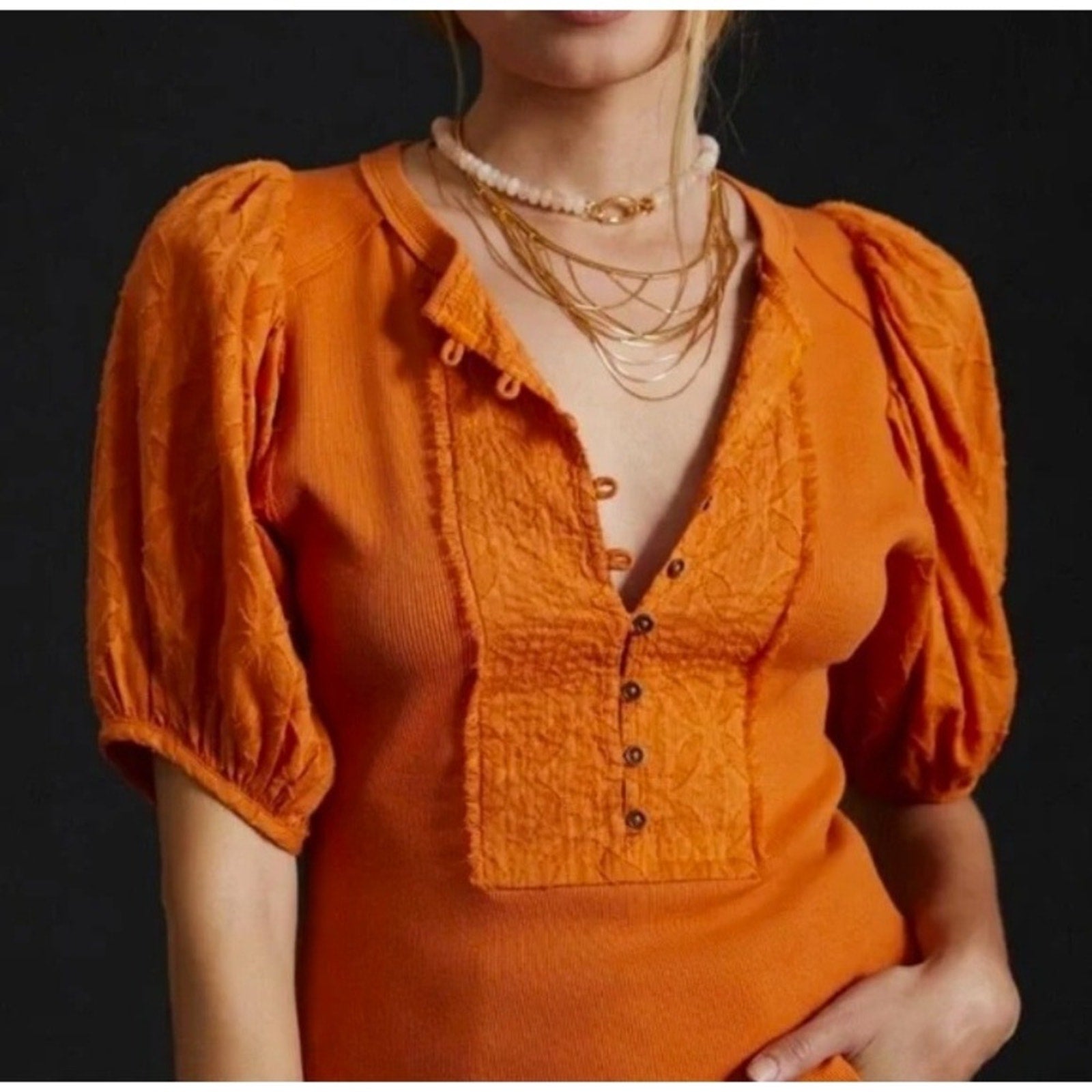 Anthropologie Pilcro Bella Puff Sleeve Henley Top Orange SZ Small holiday boho