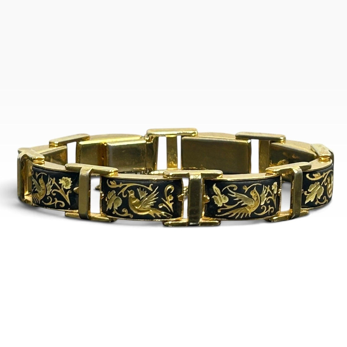 Vintage Spanish Damascene 24k Gold Inlay Bird Floral Link Bracelet 7.5in