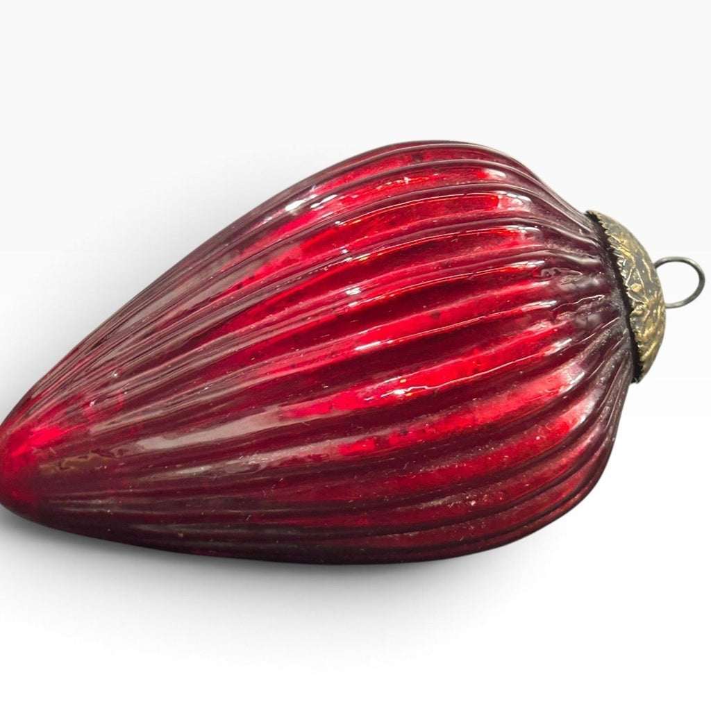 Vintage Ruby Red Mercury Glass Ribbed Teardrop Christmas Ornament Brass Cap