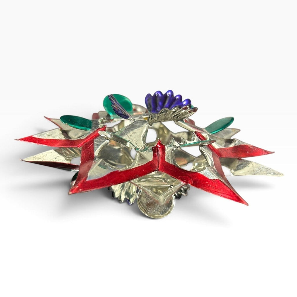 Vintage Mexican 3D Tin Star Ornament 5 Inch Hand Painted Folk Art Silver Red