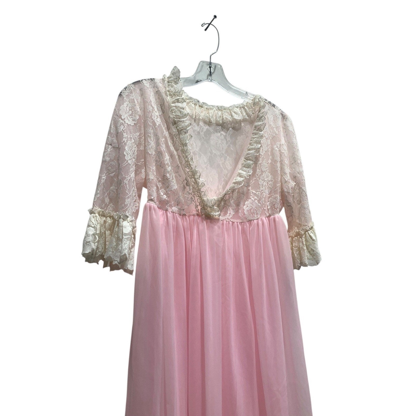 Vintage Pink Lace Maxi Nightgown Sheer Empire Waist Ruffle Sleeve Peignoir Dress