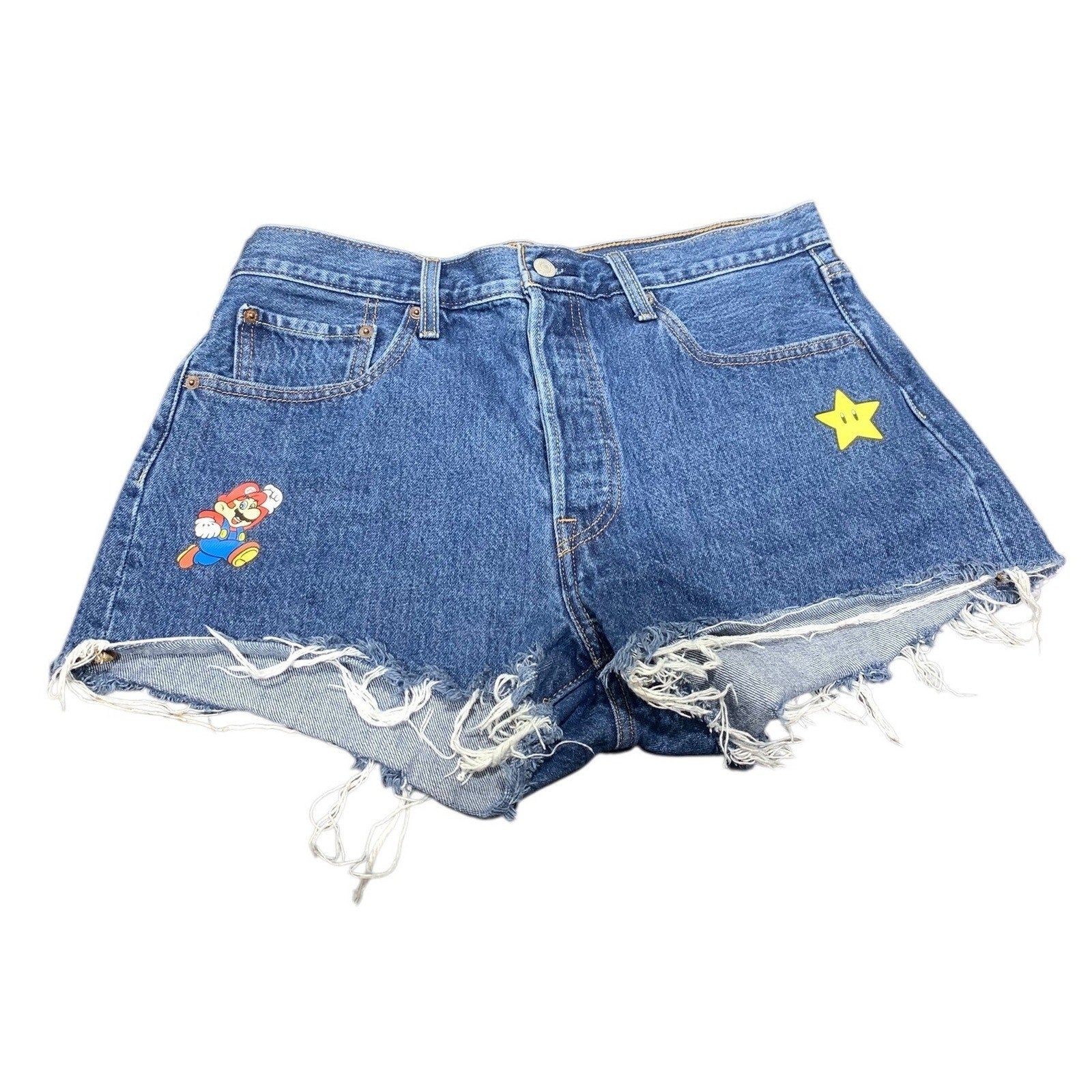 Levi's x Super Mario 501 Denim Shorts Medium Wash Blue Cut Off Womens 30