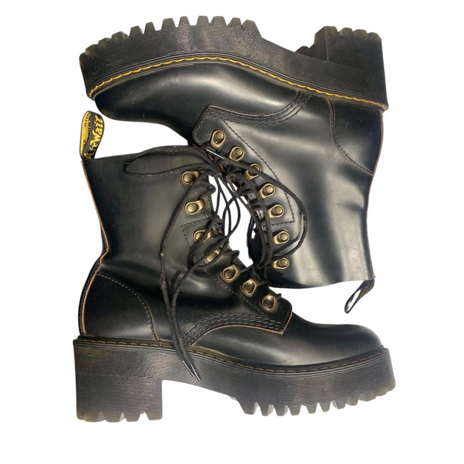Dr Martens Leona Black Leather Platform Combat Boots Womens Size 7