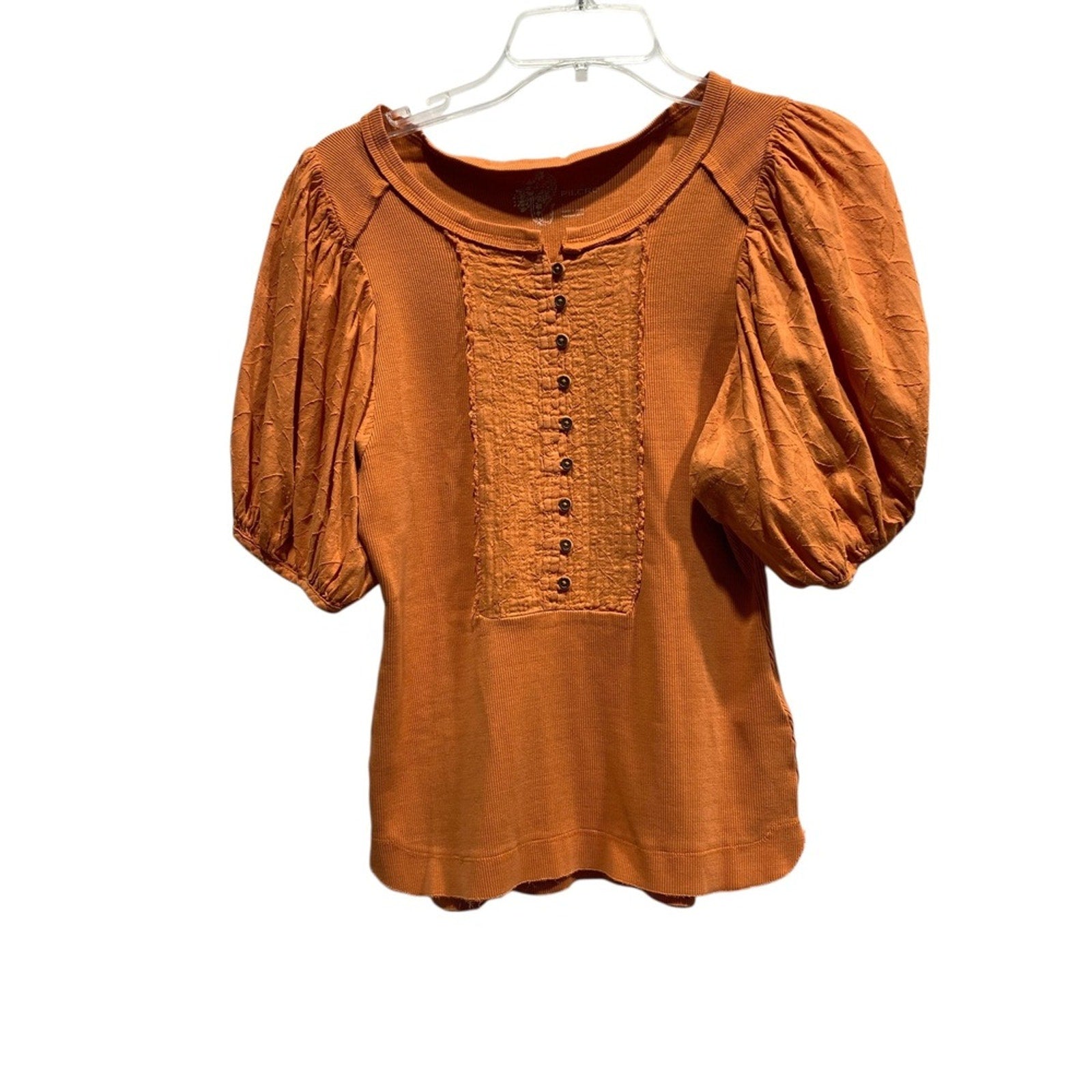 Anthropologie Pilcro Bella Puff Sleeve Henley Top Orange SZ Small holiday boho