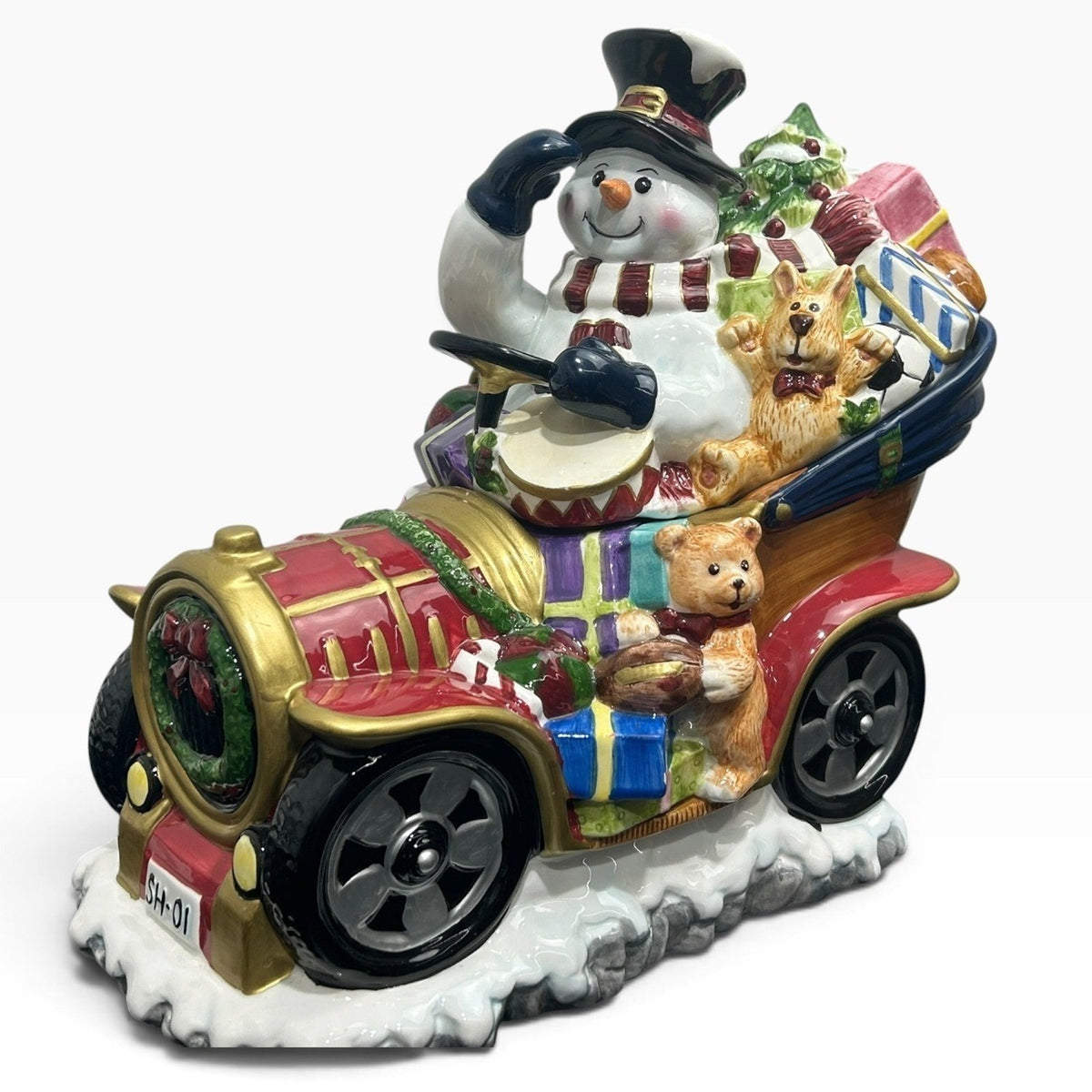 Tomsky Ltd 2004 Snowman Driving Vintage Car Christmas Ceramic Cookie Jar 11"