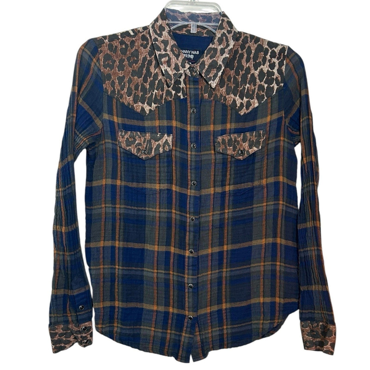 Johnny Was Workshop Navy Plaid Leopard Print Western Button Up Shirt XS layering