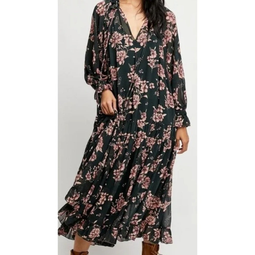 Free People Feeling Groovy Maxi Dress Green Pink Floral Print Tiered Size S