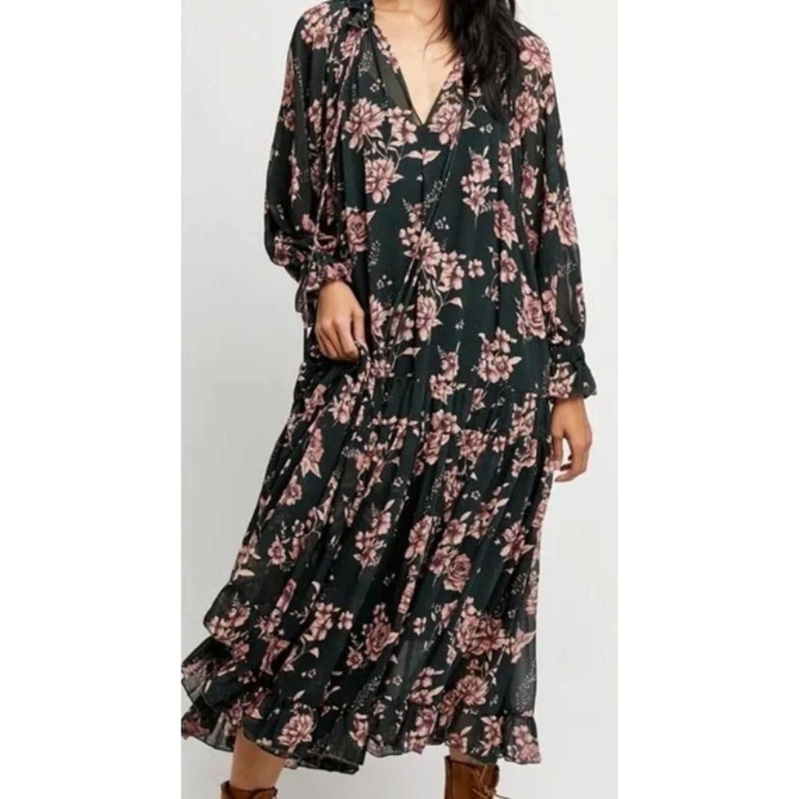 Free People Feeling Groovy Maxi Dress Green Pink Floral Print Tiered Size S