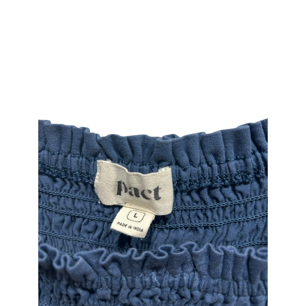 Pact Womens Blue navy Organic Cotton Smocked Wide Leg Jumpsuit Size L Pockets
