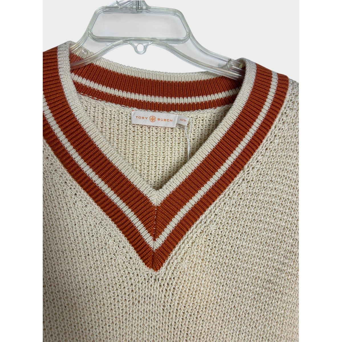 Tory Burch Vintage Cricket Sweater Ivory Orange V-Neck Knit Top XS 79714