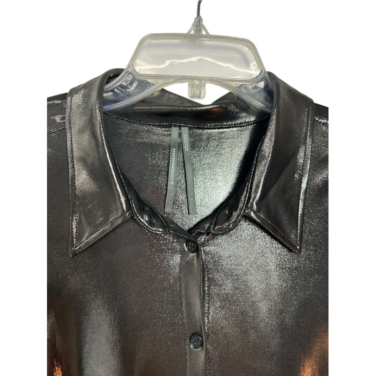 Anthropologie The Gillian Liquid Shine Metallic Buttondown Shirt Charcoal Grey L