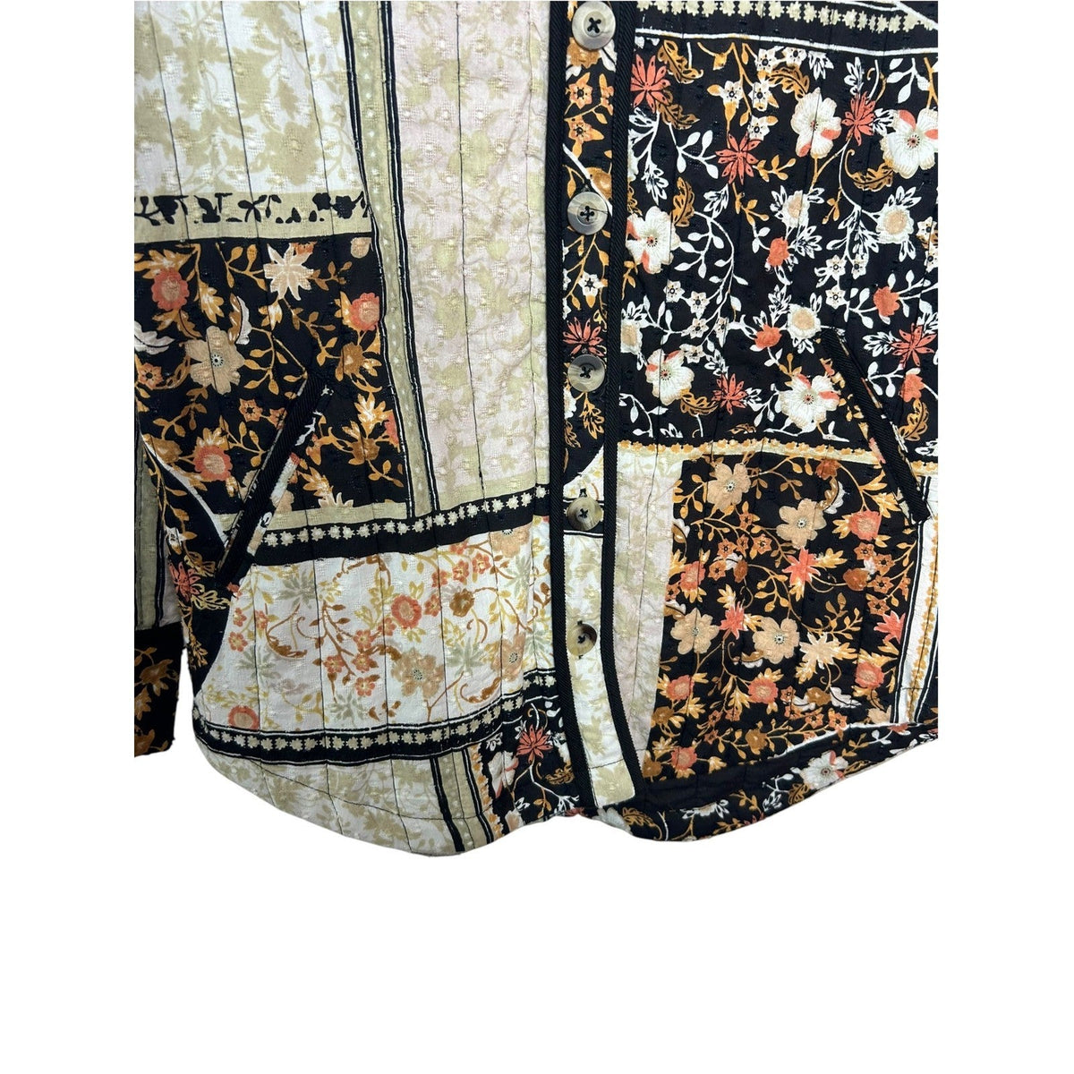 Anthropologie Quilted Patchwork Floral Jacket Black Cream Orange XS XS Boho