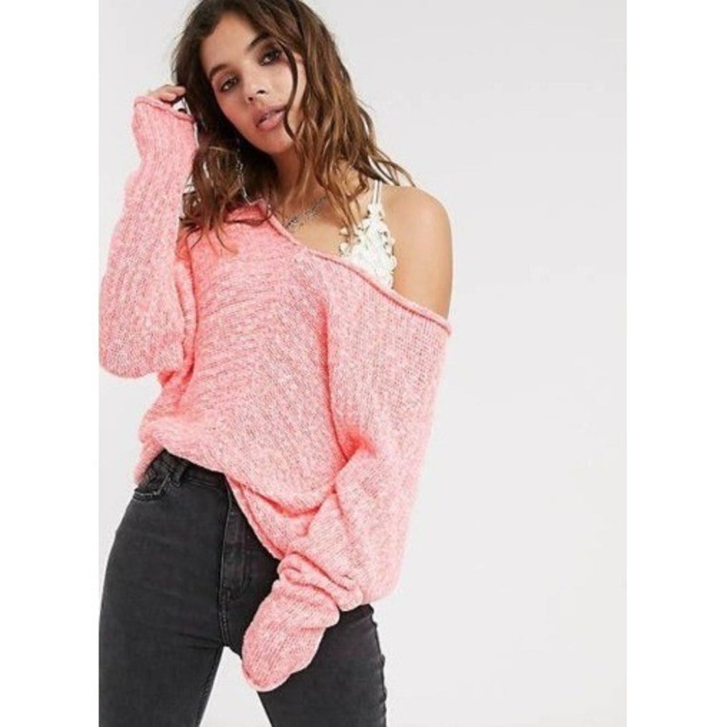 Free People Neon Flamingo V-Neck Marled Knit Relaxed Sweater OB1072421 Size S