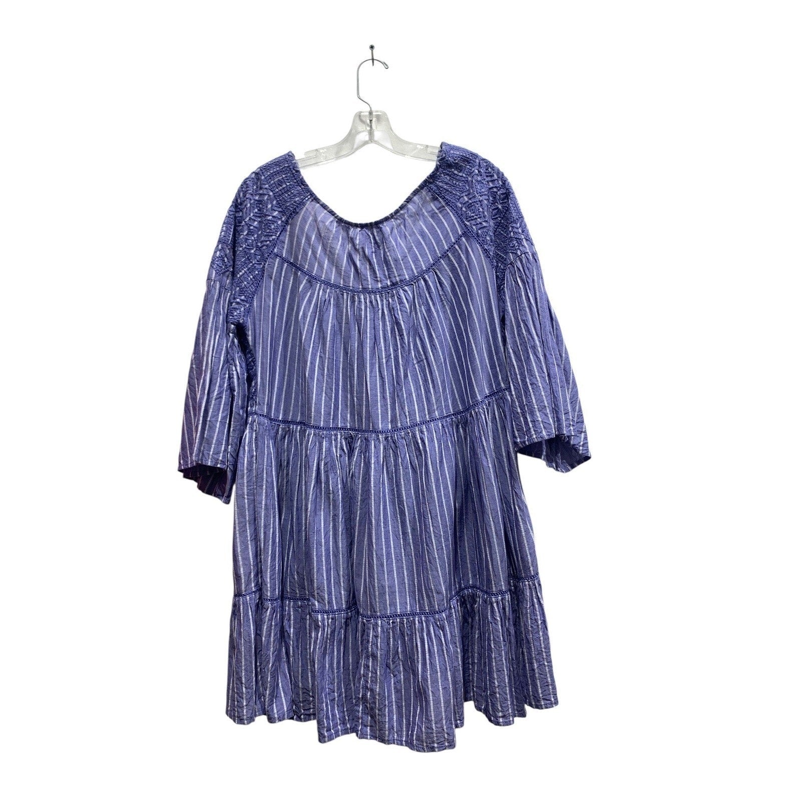 Free People LOLA Blue Striped Embroidered Tassel Tiered Babydoll Mini Dress M