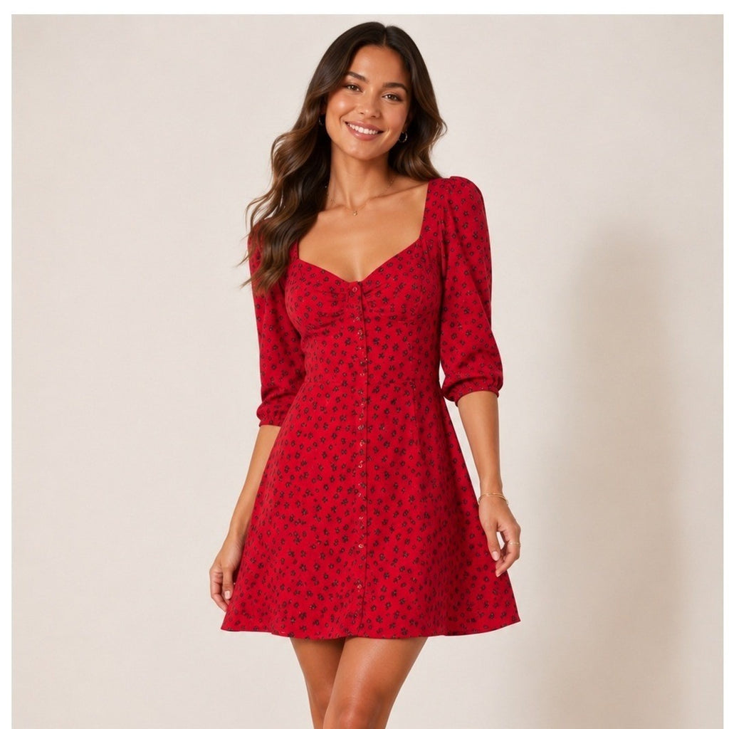 Reformation Red Black Floral Sweetheart Button Front Mini Dress Size 6