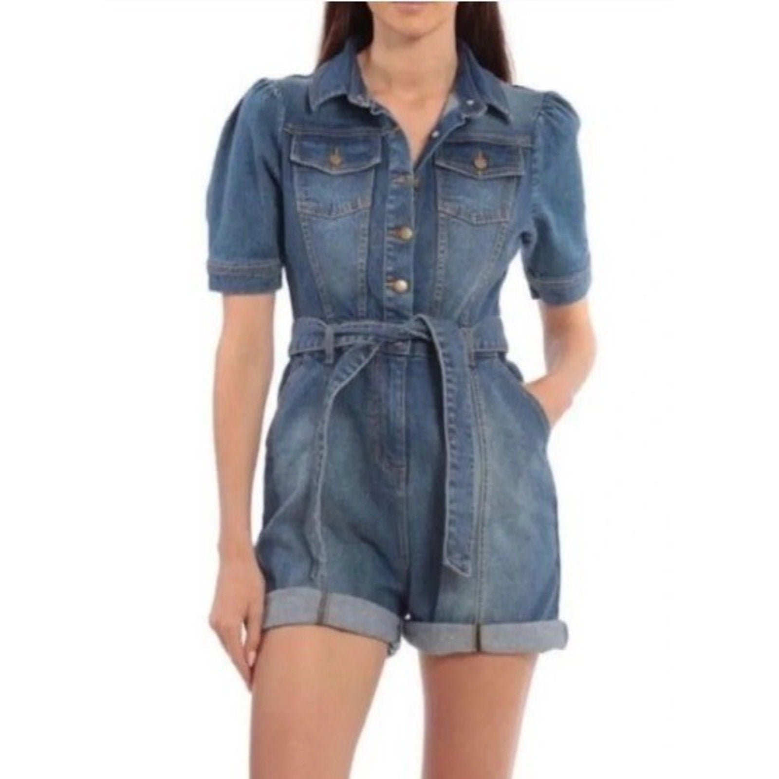Avec Les Filles Womens Denim Romper Medium Wash Short Sleeve Belted Blue Size L