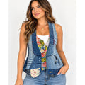 Desigual Patchwork Denim Vest Blue Floral Embroidered Boho Artisanal Size M y2k