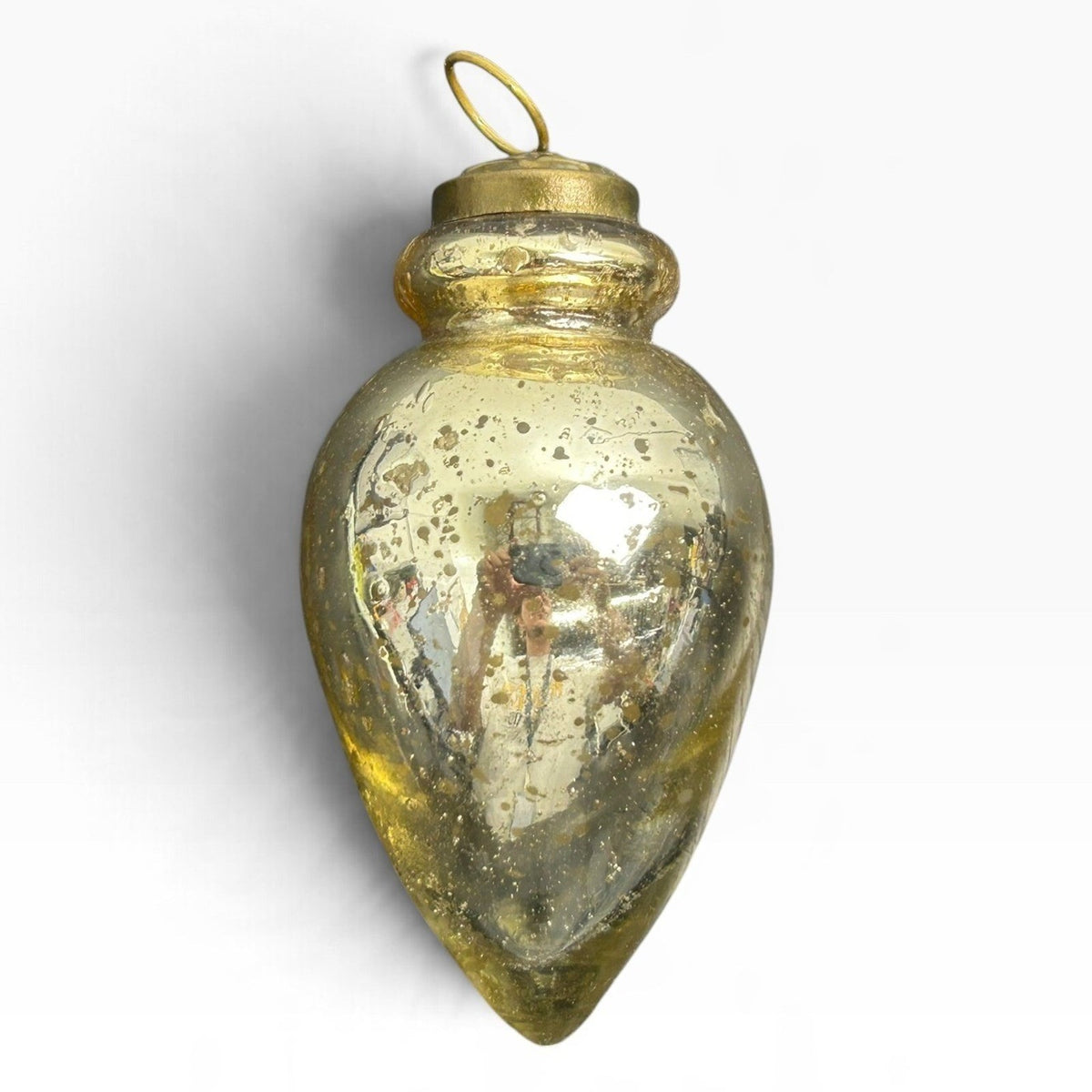 Modern Reprod Mercury Glass Teardrop Ornament Distressed Gold Silver Finial Cute