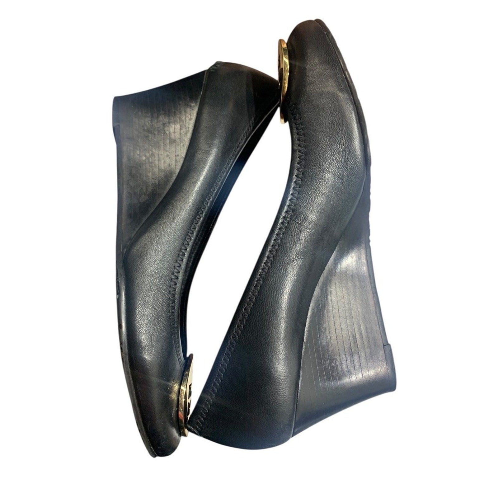 Tory Burch Black Leather Wedge Pumps Gold Logo Round Toe Women's Size 8M